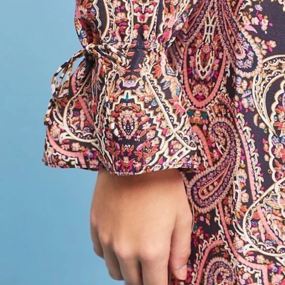 Maeve Paisley Boho Smocked Tunic Dress Square Neck Long Sleeve Milou Womens L - Picture 4 of 12